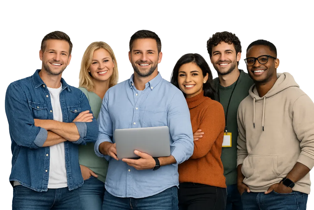 Zufriedenes Produktteam aus sechs Personen, eine Person mit Laptop