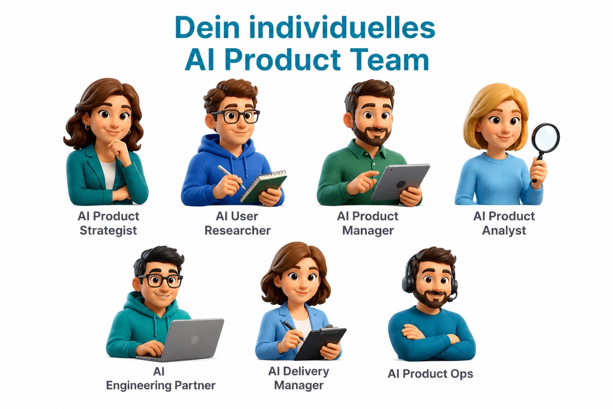 Dein individuelles AI Product Team: AI Product Strategist, AI User Researcher, AI Product Manager, AI Product Analyst, AI Engineering Partner, AI Delivery Manager und AI Product Ops
